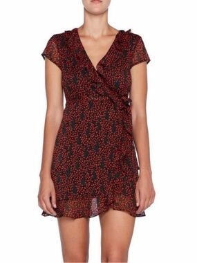Bardot Tomato Girl Cherry Print Short Sleeve Ruffle Faux Wrap Mini Dress Size 6